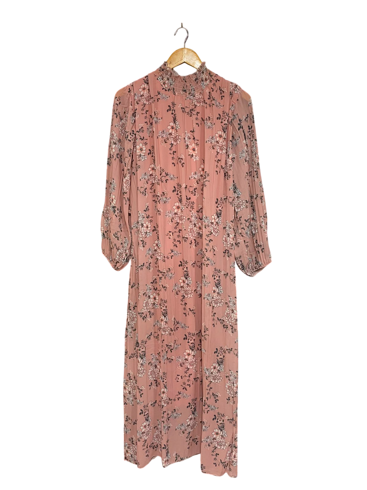 |L| BUST 21| A26| DUSTY PINK FLORAL PRINT SMOCKED HIGH-NECK LONG SLEEVE MIDI DRESS
