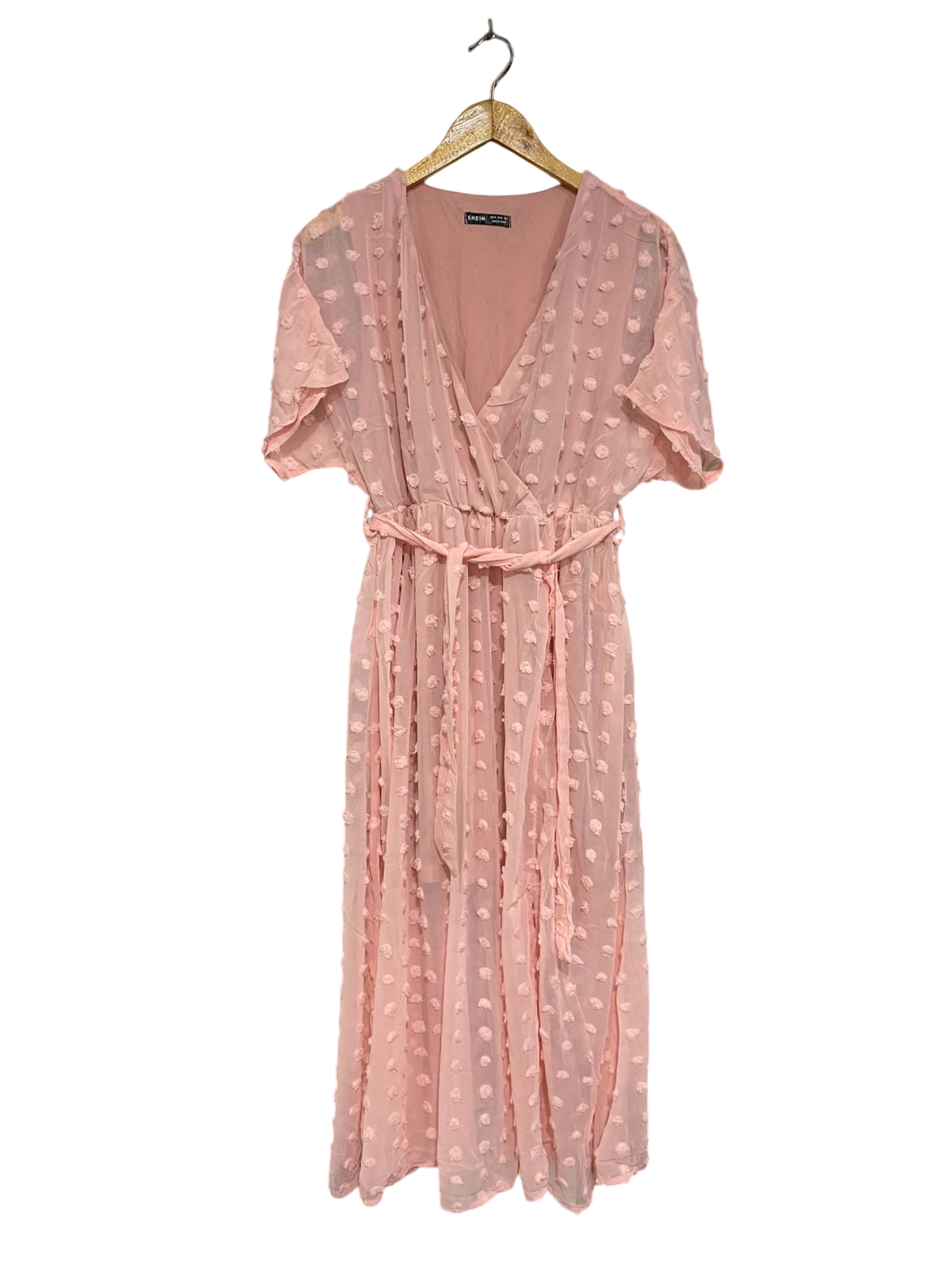 SHEIN |M| BUST FREE| A26| BLUSH PINK SWISS DOT V-NECK WRAP MIDI DRESS