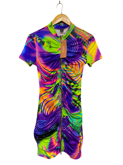 SHEIN |S| BUST 16| A26| SXY VIBRANT NEON ABSTRACT PSYCHEDELIC FULL-ZIP RUCHED MINI DRESS