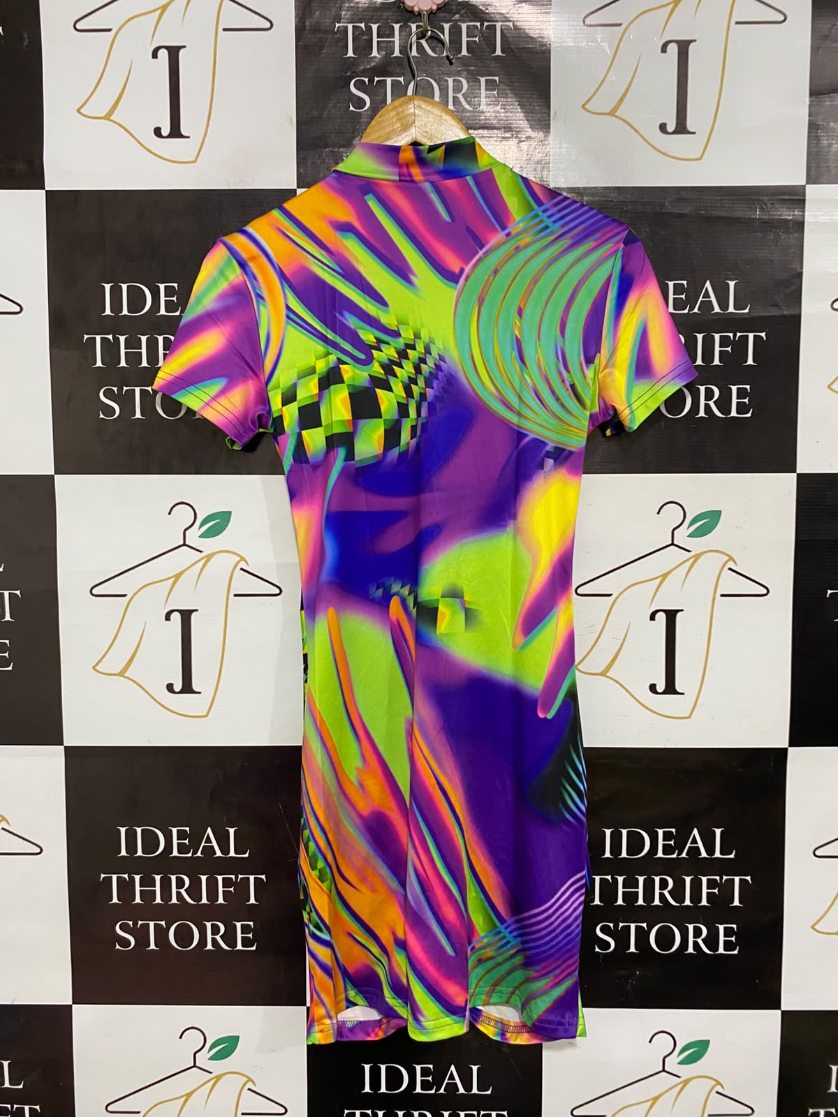 SHEIN |S| BUST 16| A26| SXY VIBRANT NEON ABSTRACT PSYCHEDELIC FULL-ZIP RUCHED MINI DRESS