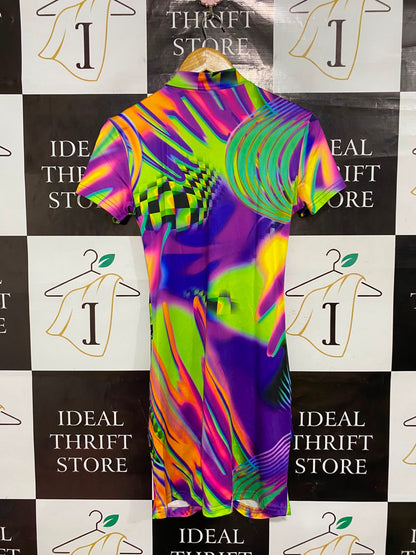 SHEIN |S| BUST 16| A26| SXY VIBRANT NEON ABSTRACT PSYCHEDELIC FULL-ZIP RUCHED MINI DRESS