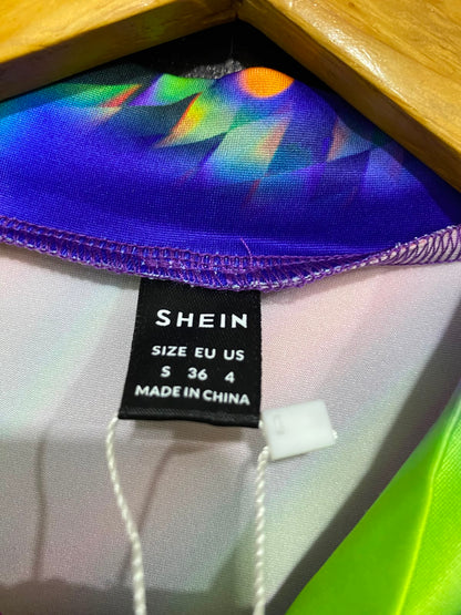 SHEIN |S| BUST 16| A26| SXY VIBRANT NEON ABSTRACT PSYCHEDELIC FULL-ZIP RUCHED MINI DRESS