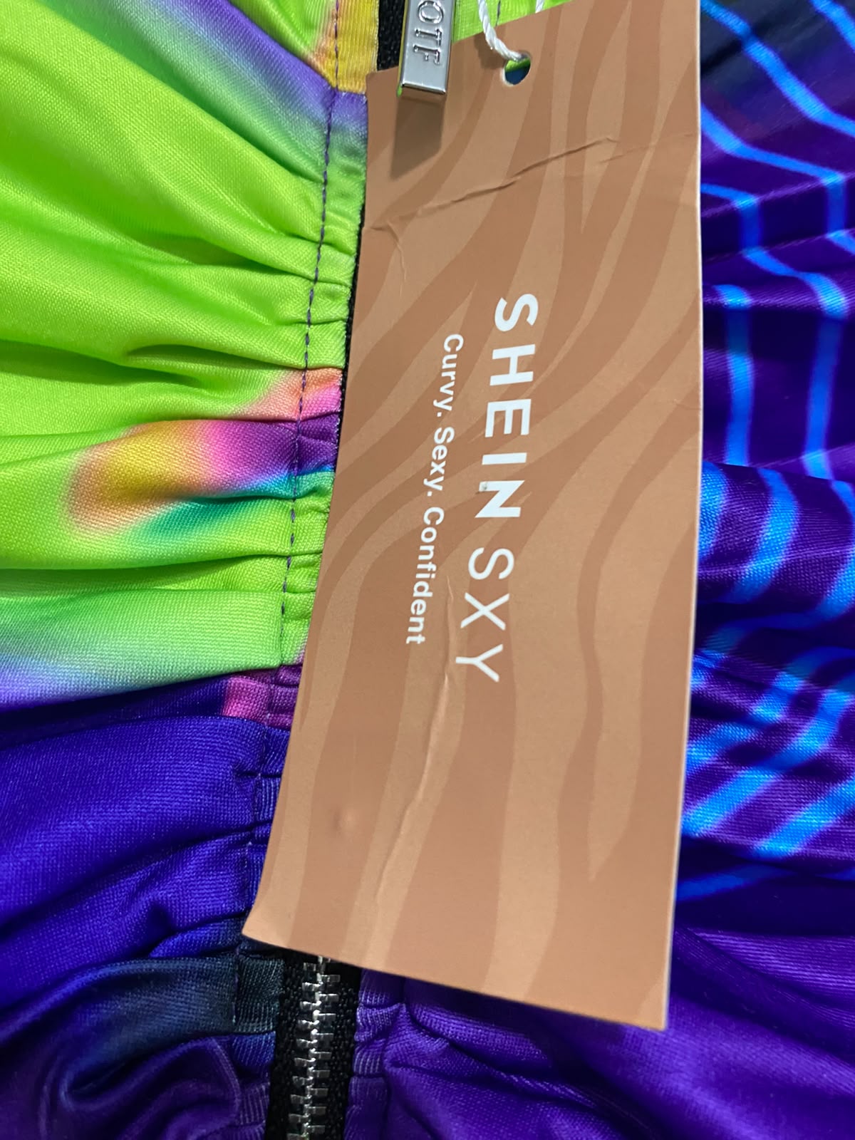 SHEIN |S| BUST 16| A26| SXY VIBRANT NEON ABSTRACT PSYCHEDELIC FULL-ZIP RUCHED MINI DRESS