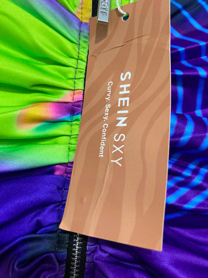 SHEIN |S| BUST 16| A26| SXY VIBRANT NEON ABSTRACT PSYCHEDELIC FULL-ZIP RUCHED MINI DRESS