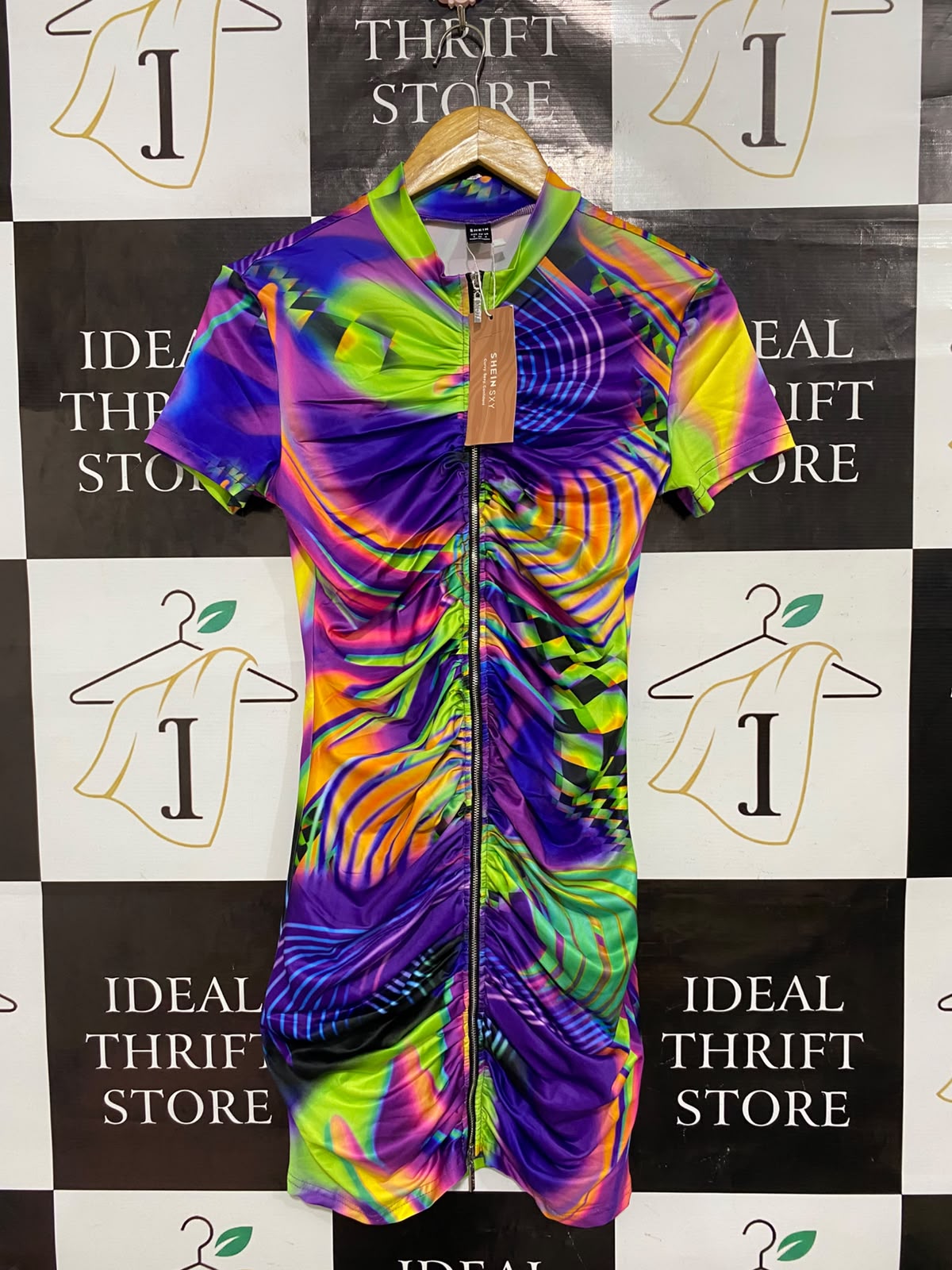 SHEIN |S| BUST 16| A26| SXY VIBRANT NEON ABSTRACT PSYCHEDELIC FULL-ZIP RUCHED MINI DRESS