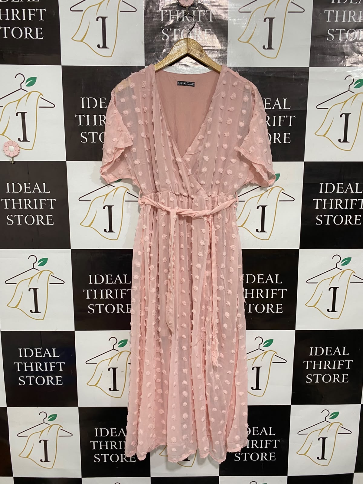 SHEIN |M| BUST FREE| A26| BLUSH PINK SWISS DOT V-NECK WRAP MIDI DRESS