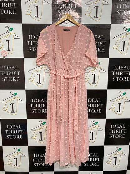 SHEIN |M| BUST FREE| A26| BLUSH PINK SWISS DOT V-NECK WRAP MIDI DRESS
