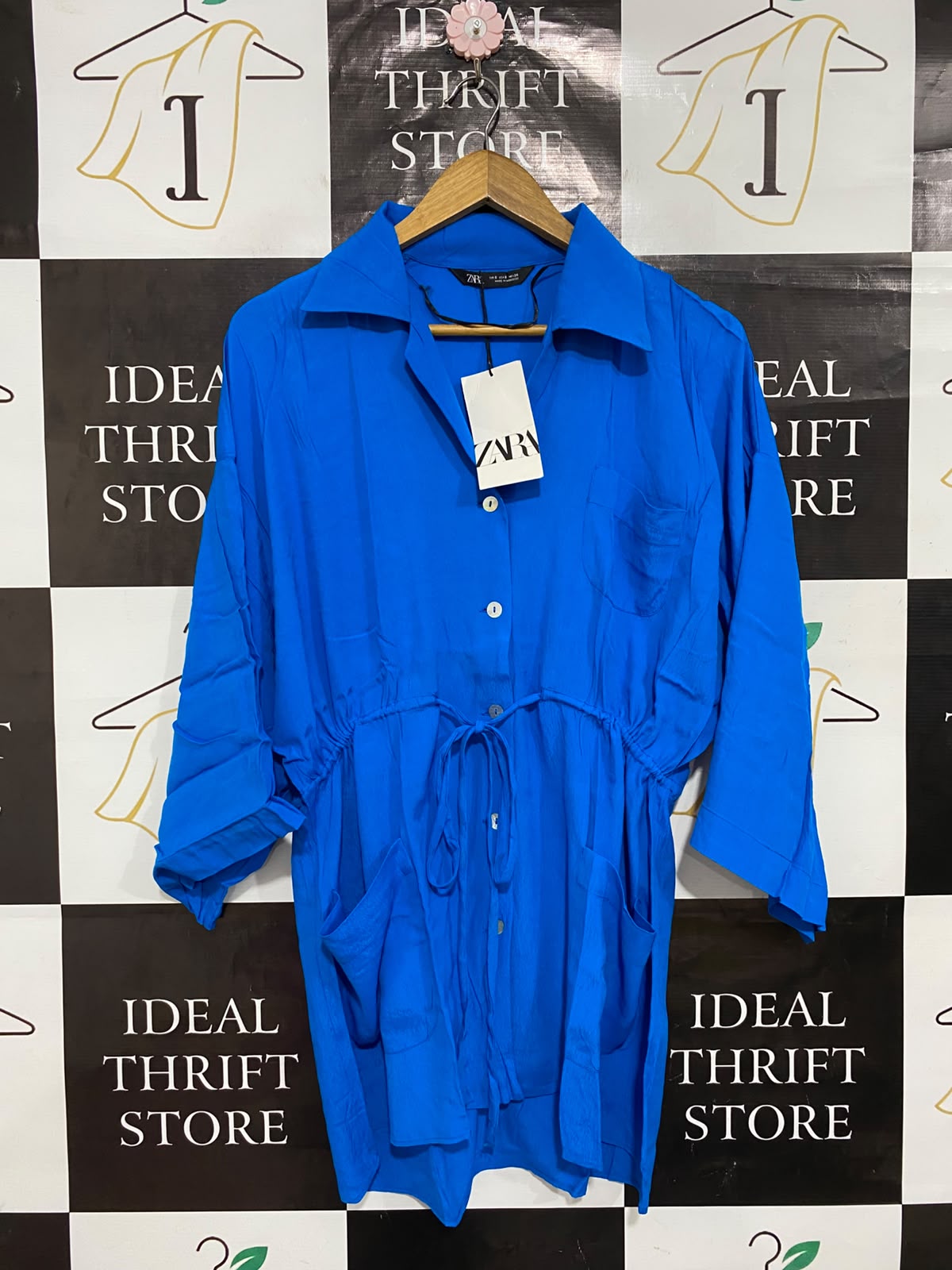 ZARA |S| BUST FREE| A26| VIBRANT ROYAL BLUE DRAWSTRING WAIST SHIRT DRESS