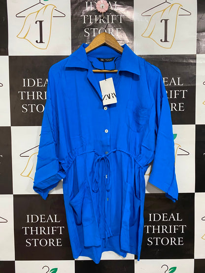 ZARA |S| BUST FREE| A26| VIBRANT ROYAL BLUE DRAWSTRING WAIST SHIRT DRESS