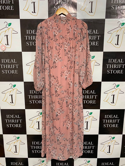 |L| BUST 21| A26| DUSTY PINK FLORAL PRINT SMOCKED HIGH-NECK LONG SLEEVE MIDI DRESS