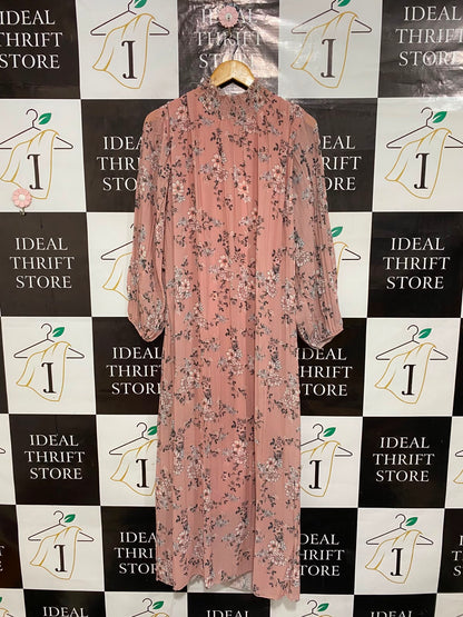|L| BUST 21| A26| DUSTY PINK FLORAL PRINT SMOCKED HIGH-NECK LONG SLEEVE MIDI DRESS