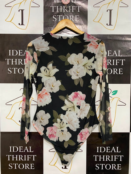GEORGE DAVIES |M| BUST 16| A26| BLACK AND BLUSH PINK FLORAL MESH LONG SLEEVE BODYSUIT
