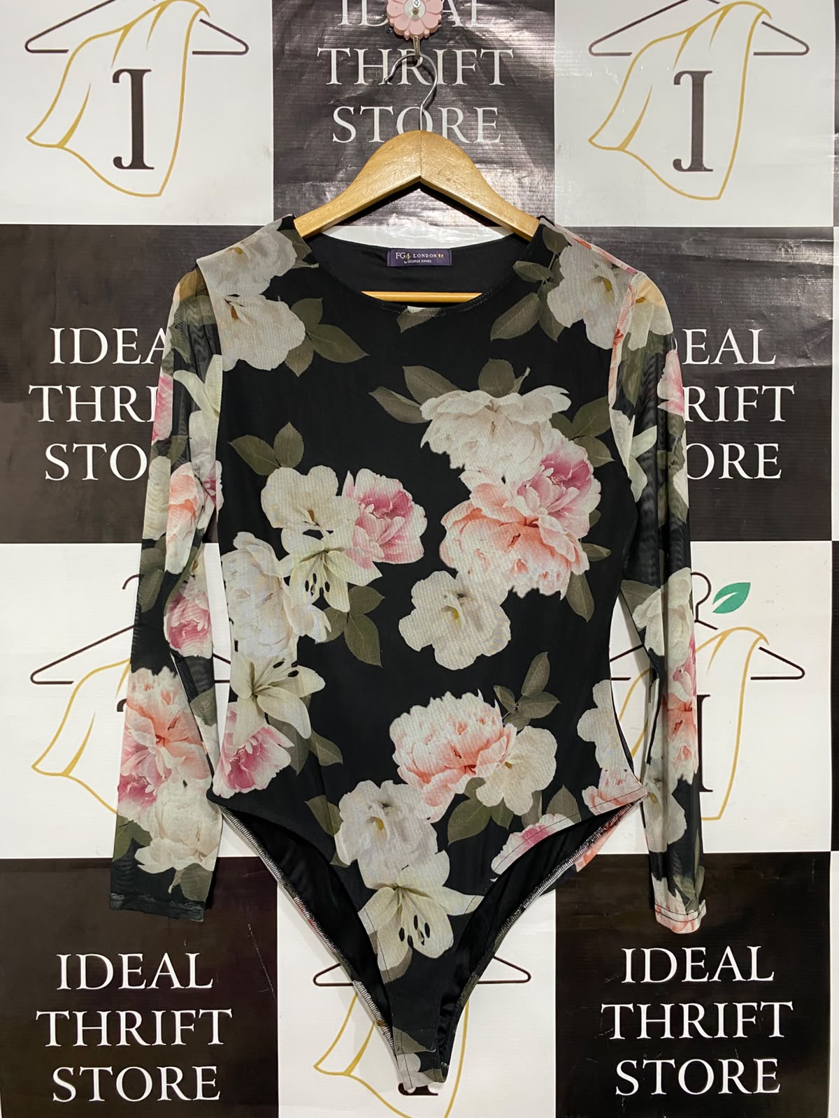 GEORGE DAVIES |M| BUST 16| A26| BLACK AND BLUSH PINK FLORAL MESH LONG SLEEVE BODYSUIT
