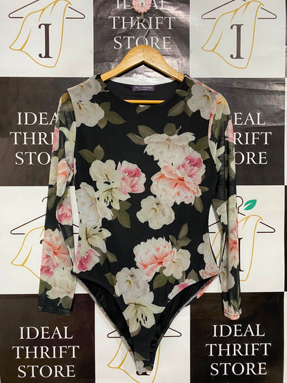 GEORGE DAVIES |M| BUST 16| A26| BLACK AND BLUSH PINK FLORAL MESH LONG SLEEVE BODYSUIT