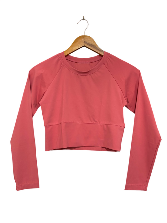 LULULEMON | L| BUST 15| ATHLETIC LONG SLEEVE CROPPED TOP - CORAL PINK WORKOUT SHIRT