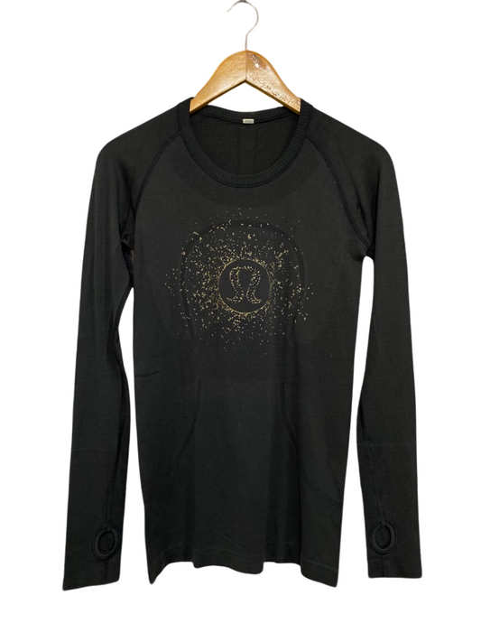 LULULEMON |S| BUST 15| SWIFTLY TECH LONG SLEEVE SHIRT - BLACK WITH GOLD SPARKLE LOGO & THUMBHOLES