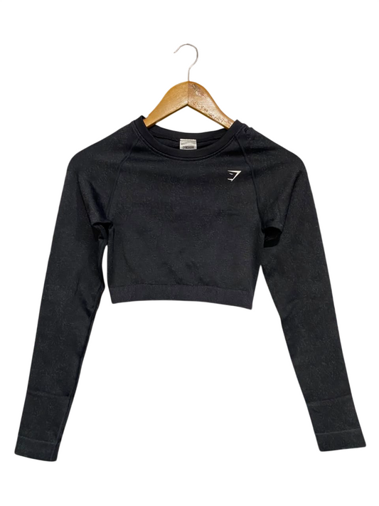 GYMSHARK | S| BUST 12| WOMEN'S ADAPT CAMO SEAMLESS LONG SLEEVE CROPPED TOP - BLACK WORKOUT GYM SHIRT