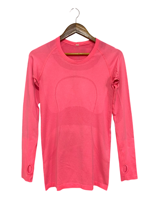 LULULEMON |M| BUST 15| WOMEN'S SWIFTLY TECH LONG SLEEVE BRIGHT CORAL PINK WORKOUT SHIRT - RUNNING TOP WITH THUMBHOLES
