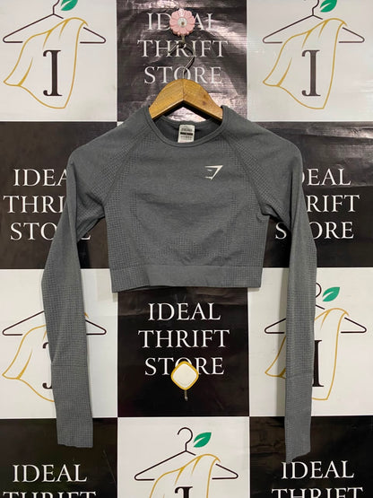 GYMSHARK |S| BUST 13| WOMEN'S VITAL SEAMLESS LONG SLEEVE CROPPED TOP - CHARCOAL GREY WORKOUT SHIRT