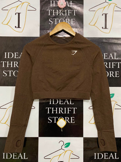 GYMSHARK | M| BUST 14| BROWN WORKOUT SHIRT WITH THUMBHOLES