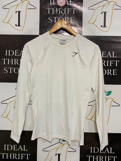 GYMSHARK | S| BUST 15| WOMEN'S APEX LONG SLEEVE WHITE WORKOUT SHIRT - ATHLETIC GYM TOP