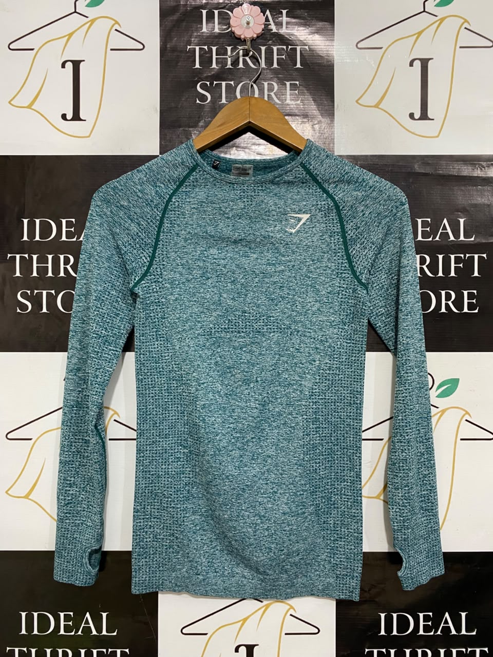 GYMSHARK | S| BUST 14| WOMEN'S VITAL SEAMLESS LONG SLEEVE TEAL MARL WORKOUT SHIRT