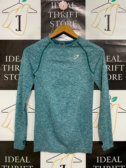 GYMSHARK | S| BUST 14| WOMEN'S VITAL SEAMLESS LONG SLEEVE TEAL MARL WORKOUT SHIRT