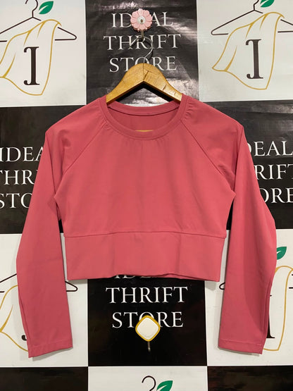 LULULEMON | M| BUST 16| ATHLETIC LONG SLEEVE CROPPED TOP - CORAL PINK WORKOUT SHIRT