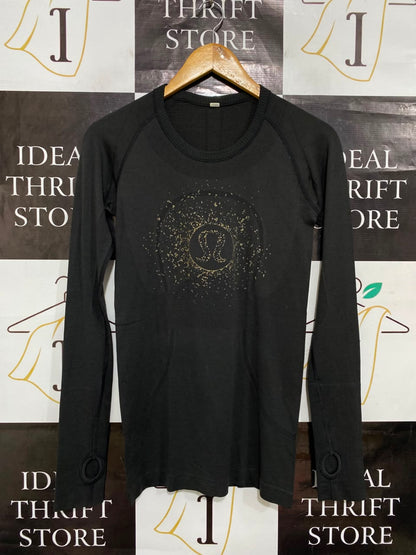 LULULEMON |S| BUST 15| SWIFTLY TECH LONG SLEEVE SHIRT - BLACK WITH GOLD SPARKLE LOGO & THUMBHOLES