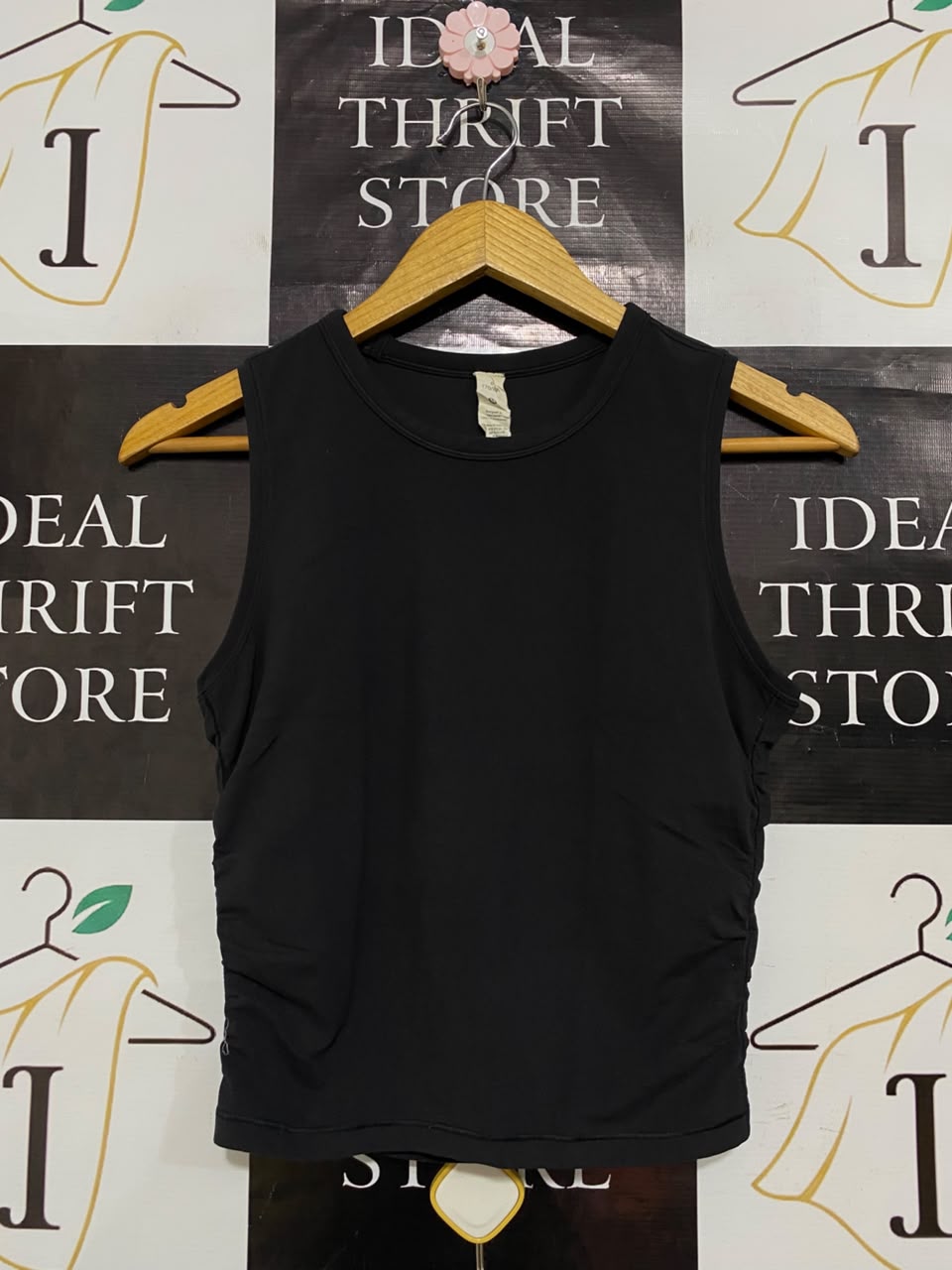 LULULEMON |S| BUST 14| SIDE-GATHERED SLEEVELESS CROP TANK TOP - BLACK ATHLETIC SHIRT
