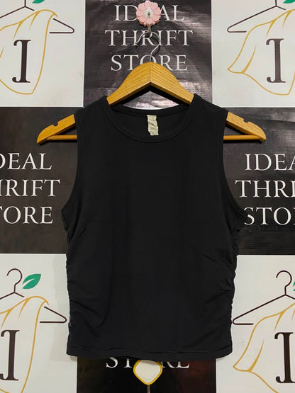 LULULEMON |S| BUST 14| SIDE-GATHERED SLEEVELESS CROP TANK TOP - BLACK ATHLETIC SHIRT