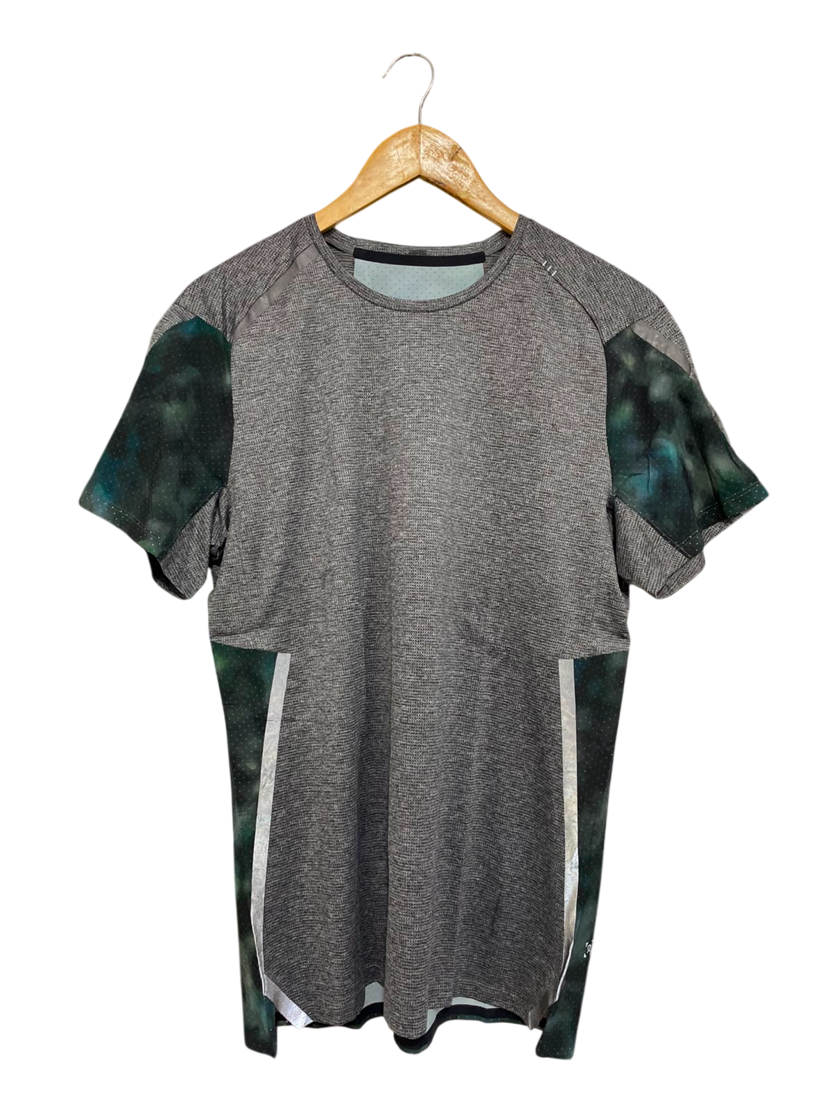 LULULEMON |M| BUST FREE| HEATHER GREY SHORT SLEEVE ATHLETIC RUNNING T-SHIRT WITH PRINTED PANELS