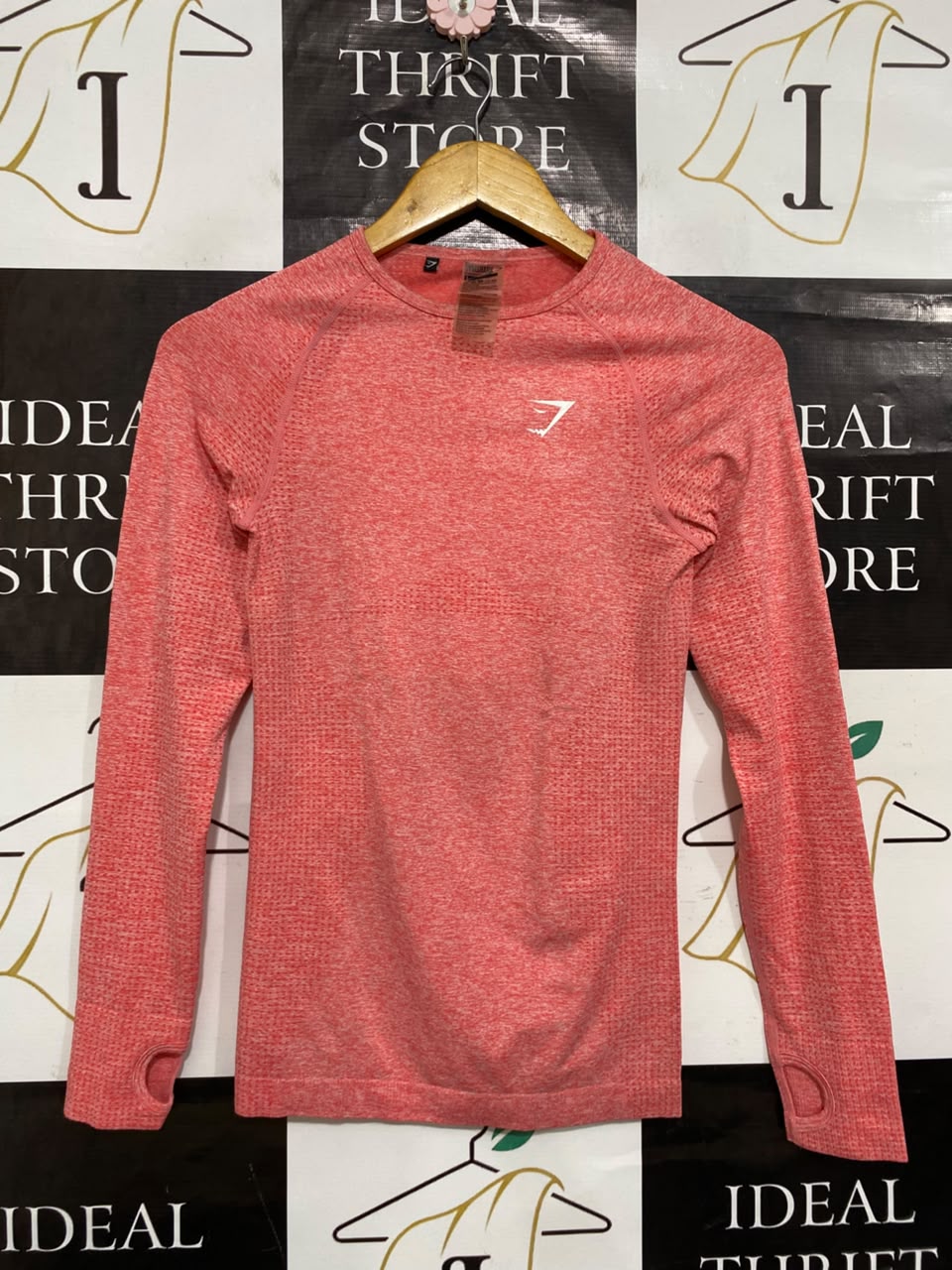 GYMSHARK |S| BUST 14| WOMEN'S CORAL PINK SEAMLESS LONG SLEEVE ATHLETIC WORKOUT TOP WITH THUMBHOLES