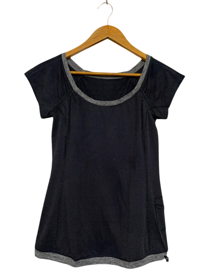 LULULEMON |S| BUST 15| BLACK AND GREY STRIPED SCOOP NECK ATHLETIC SHORT SLEEVE SHIRT