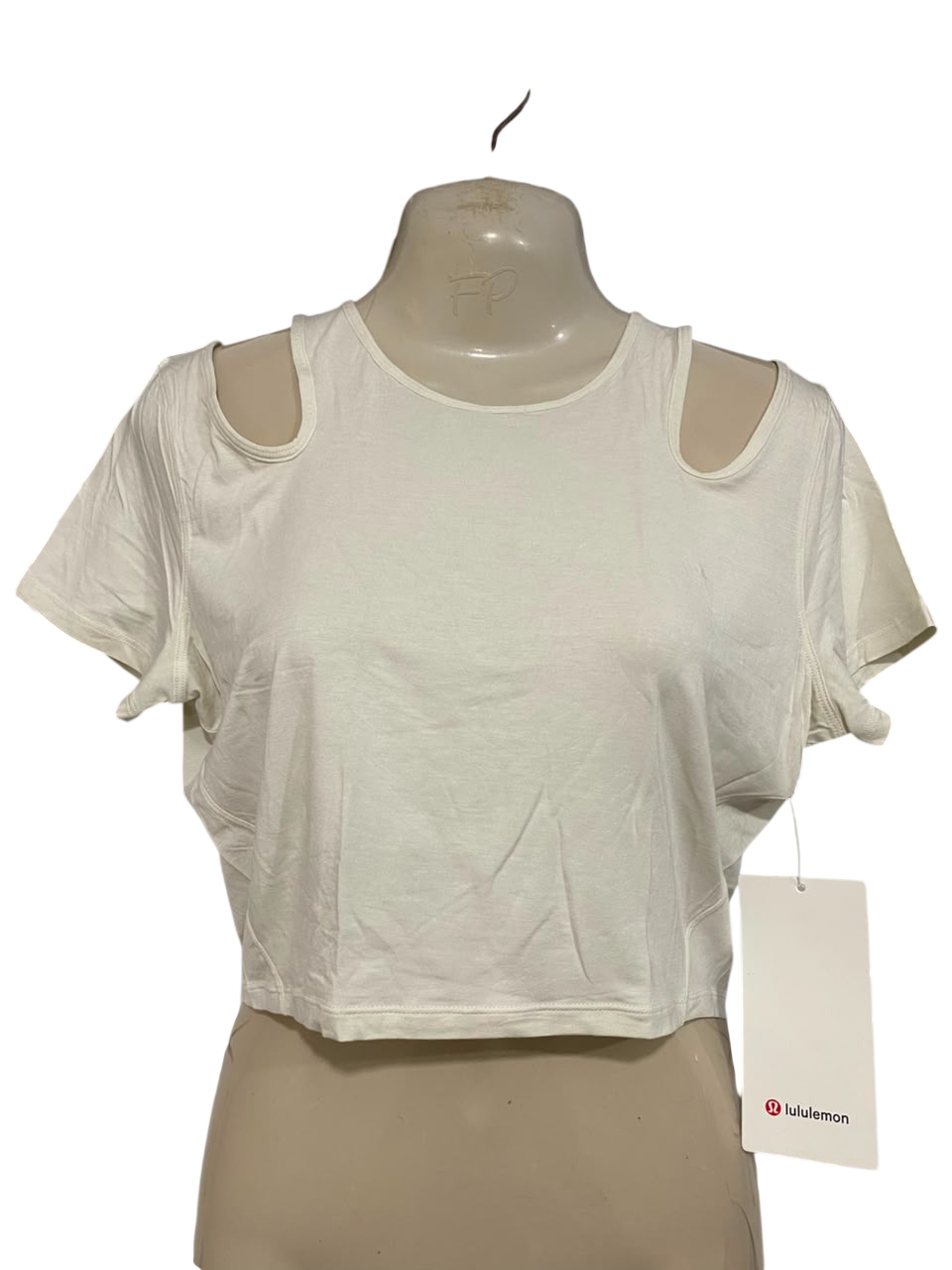 LULULEMON |S| BUST 17| WHITE OFF-WHITE COLD SHOULDER CUTOUT CROP TOP SHORT SLEEVE SHIRT