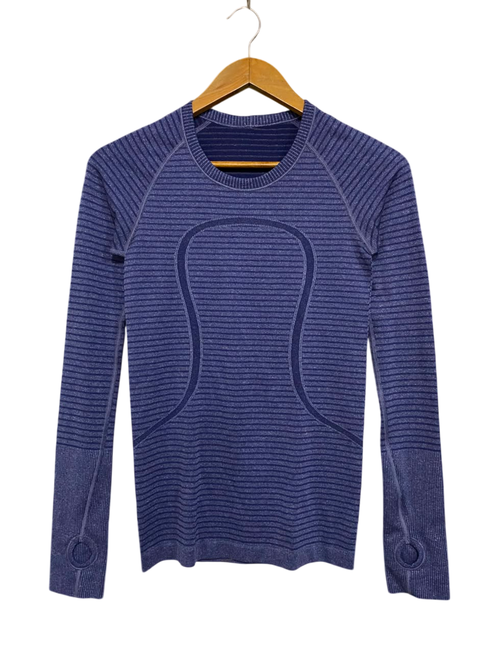 LULULEMON |S| BUST 14| WOMEN'S BLUE HEATHERED STRIPED SEAMLESS LONG-SLEEVE ATHLETIC TOP WITH THUMBHOLES ACTIVEWEAR