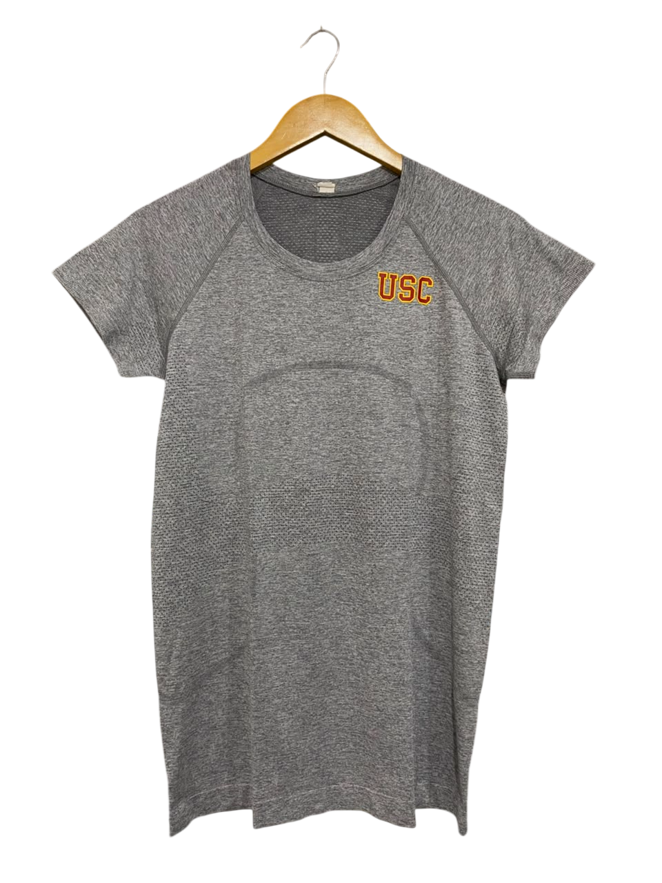 LULULEMON |M| BUST 17| WOMEN'S GREY HEATHERED "USC" SEAMLESS SHORT-SLEEVE ATHLETIC T-SHIRT ACTIVEWEAR