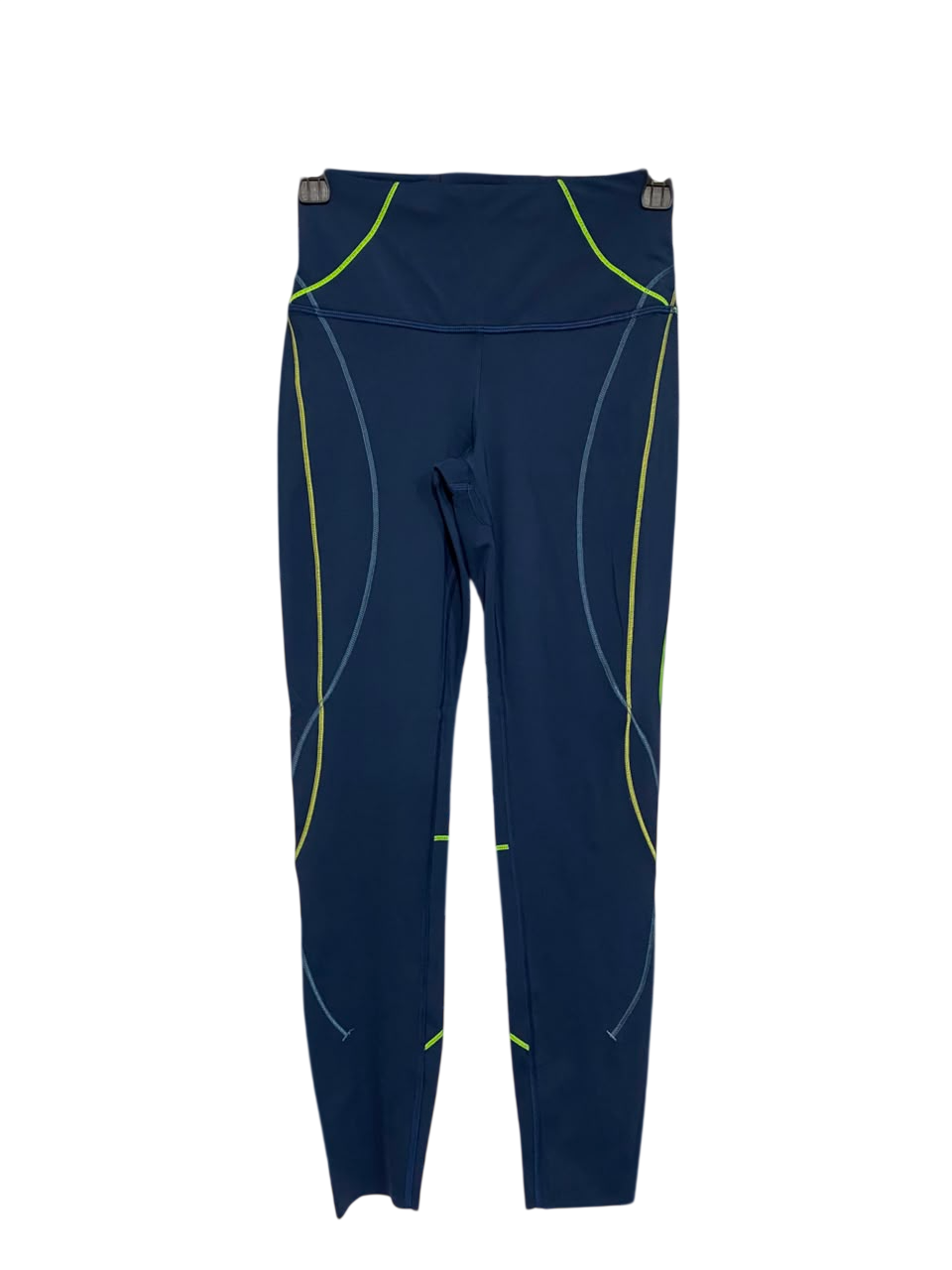 LULULEMON | XS| WAIST 22| WOMEN'S NAVY BLUE HIGH-RISE ATHLETIC LEGGINGS WITH NEON YELLOW CONTRAST PIPING FULL LENGTH ACTIVEWEAR