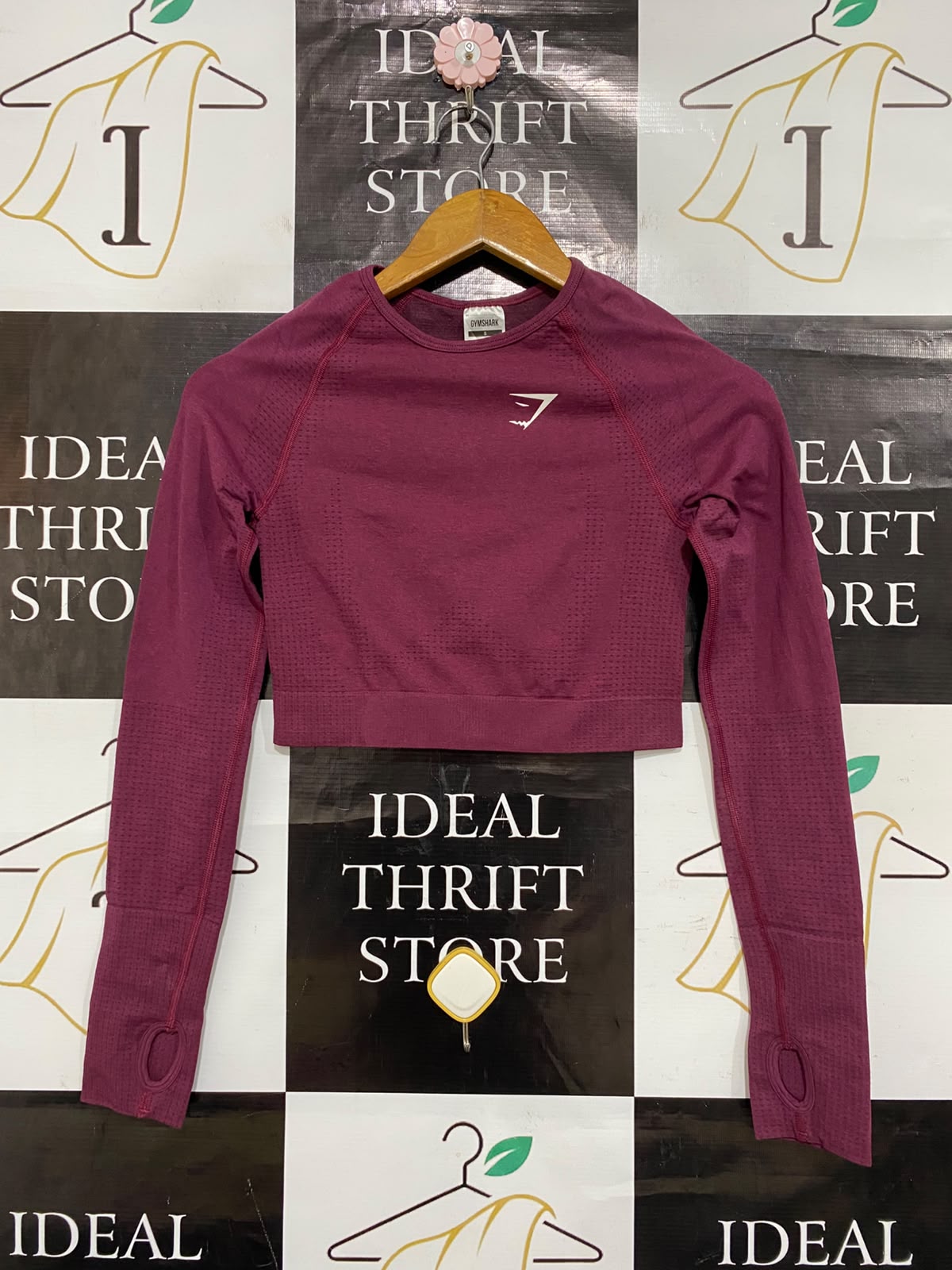 GYMSHARK |S| BUST 13| WOMEN'S VITAL SEAMLESS LONG SLEEVE CROP TOP BURGUNDY MAROON WITH THUMBHOLES ACTIVEWEAR