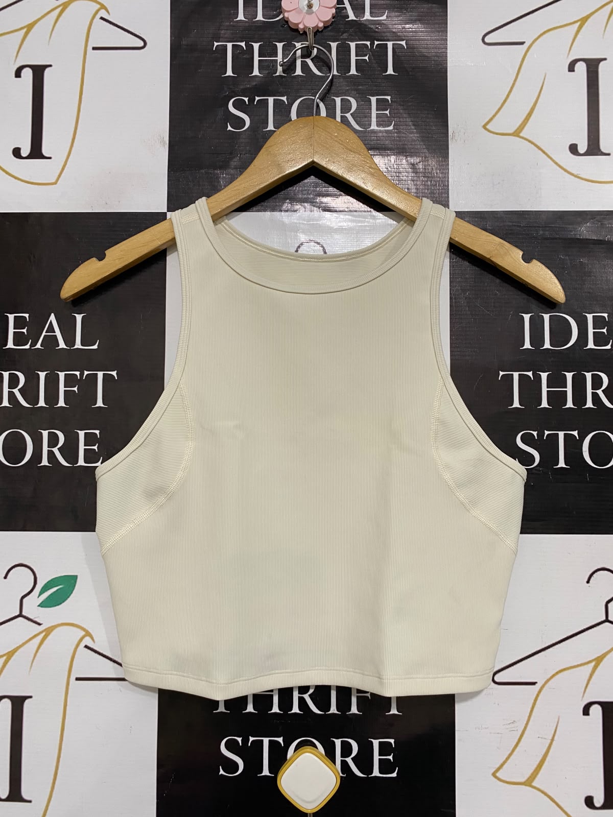 LULULEMON |S| BUST 15| WOMEN'S OFF-WHITE / BEIGE RIBBED HIGH-NECK CROP TOP ATHLETIC ACTIVEWEAR