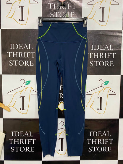 LULULEMON | XS| WAIST 22| WOMEN'S NAVY BLUE HIGH-RISE ATHLETIC LEGGINGS WITH NEON YELLOW CONTRAST PIPING FULL LENGTH ACTIVEWEAR