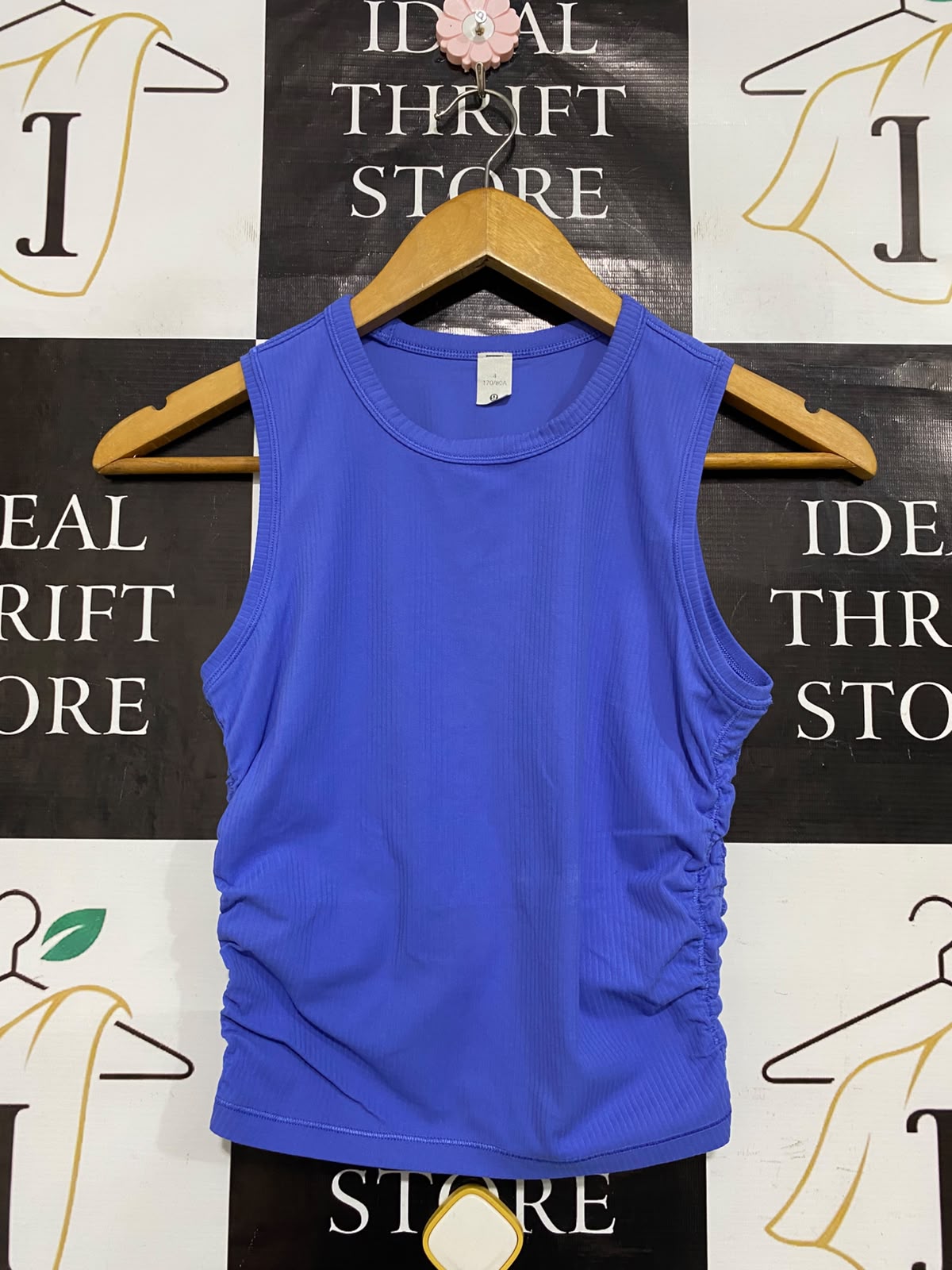 LULULEMON |S| BUST 14| WOMEN'S BLUE RIBBED ATHLETIC TANK TOP WITH SIDE RUFFLE RUCHE DETAILS ACTIVEWEAR