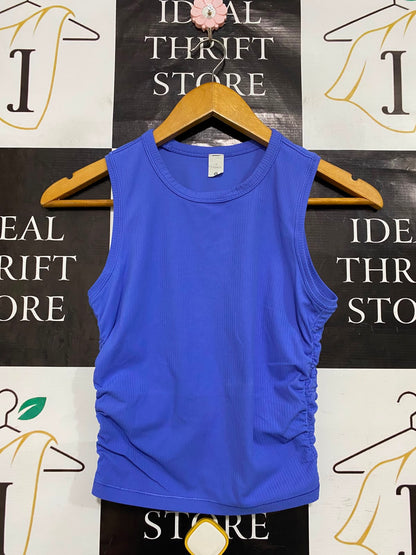 LULULEMON |S| BUST 14| WOMEN'S BLUE RIBBED ATHLETIC TANK TOP WITH SIDE RUFFLE RUCHE DETAILS ACTIVEWEAR