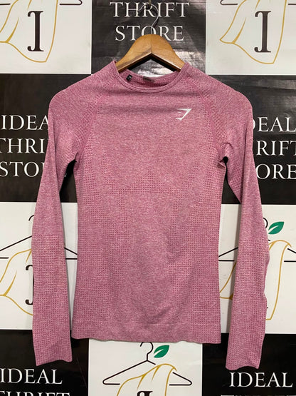 GYMSHARK |S| BUST 14| WOMEN'S PINK HEATHERED SEAMLESS LONG-SLEEVE ATHLETIC CROP TOP ACTIVEWEAR