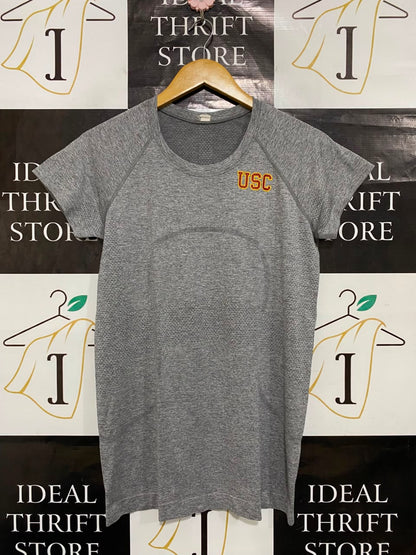 LULULEMON |M| BUST 17| WOMEN'S GREY HEATHERED "USC" SEAMLESS SHORT-SLEEVE ATHLETIC T-SHIRT ACTIVEWEAR