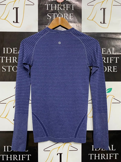 LULULEMON |S| BUST 14| WOMEN'S BLUE HEATHERED STRIPED SEAMLESS LONG-SLEEVE ATHLETIC TOP WITH THUMBHOLES ACTIVEWEAR
