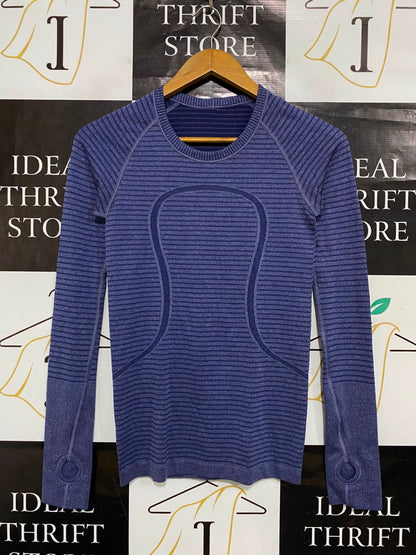 LULULEMON |S| BUST 14| WOMEN'S BLUE HEATHERED STRIPED SEAMLESS LONG-SLEEVE ATHLETIC TOP WITH THUMBHOLES ACTIVEWEAR