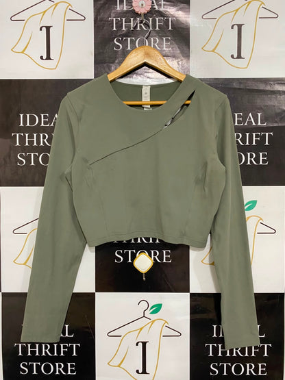 LULULEMON |M| BUST 18| WOMEN'S SAGE GREEN ASYMMETRICAL CUTOUT LONG-SLEEVE CROP TOP ACTIVEWEAR