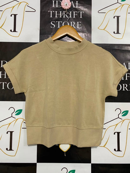 LULULEMON |M| BUST 16| BEIGE TAN SHORT SLEEVE ATHLETIC SWEATSHIRT PULLOVER WOMEN'S