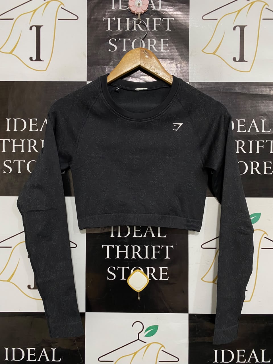 GYMSHARK |XS| BUST 13| BLACK MARLED JACQUARD LONG SLEEVE CROP TOP WOMEN'S